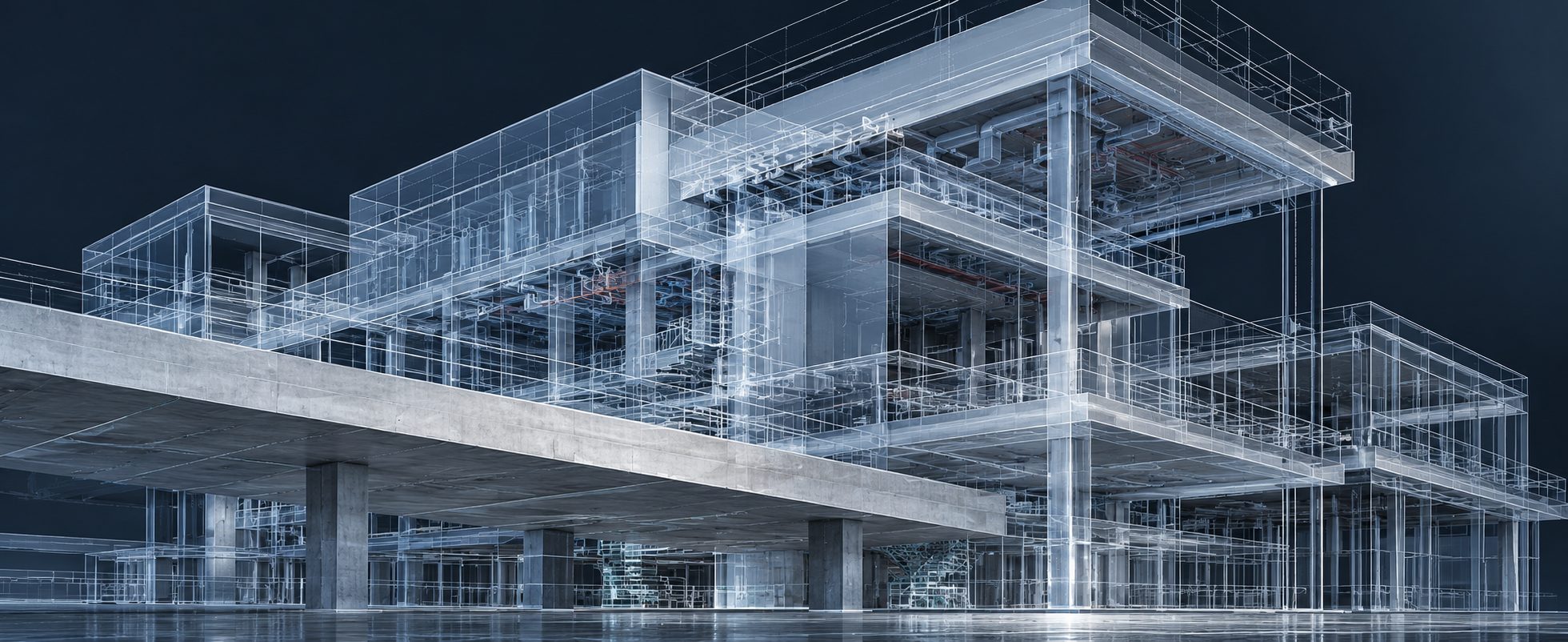 Modelo BIM de edificação com estrutura e instalações em transparência