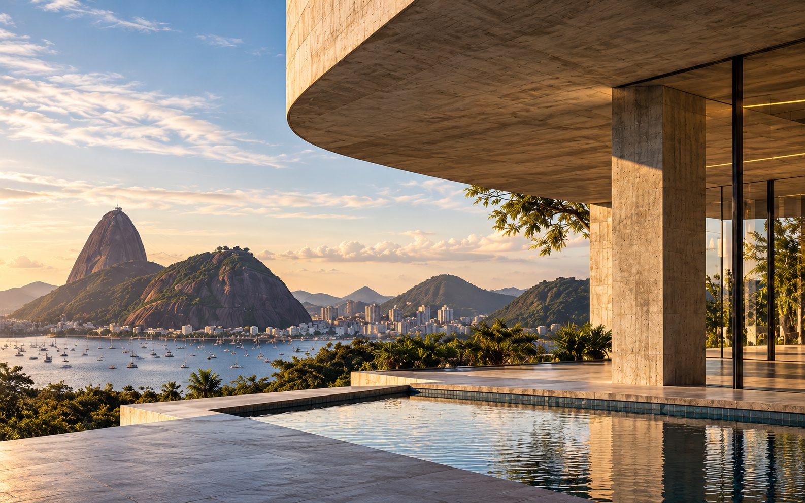 Edifício em concreto aparente com vista para a Baía de Guanabara e o Pão de Açúcar, no Rio de Janeiro